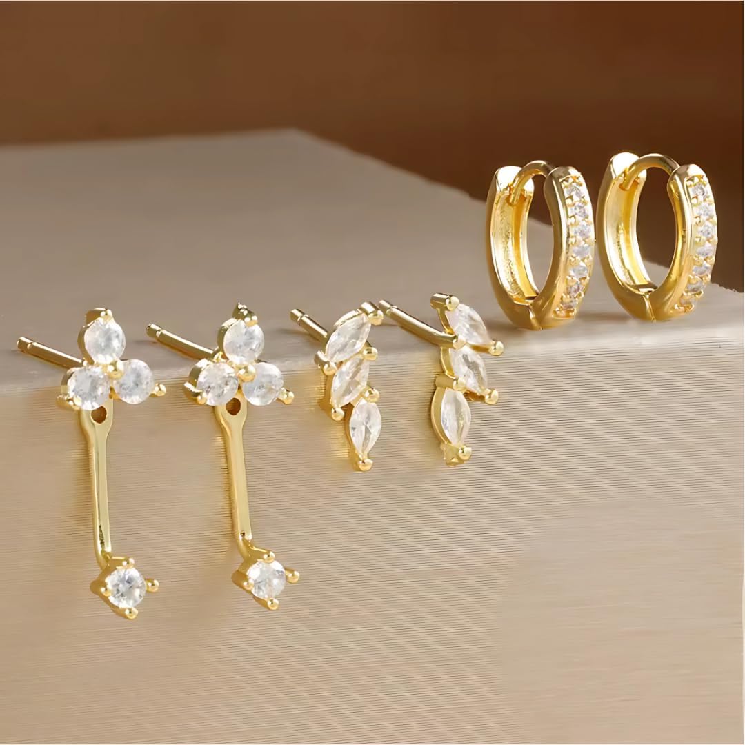 Gold Hoop Earrings for Women 3 Pairs Hypoallergenic Stud Earrings for Women Trendy, Huggie Gold Hoops Plated S925 Sterling Silver Jewelry Set Dainty Stud Dangle Cartilage Jacket Helix Piercing Jewelry - Image 3