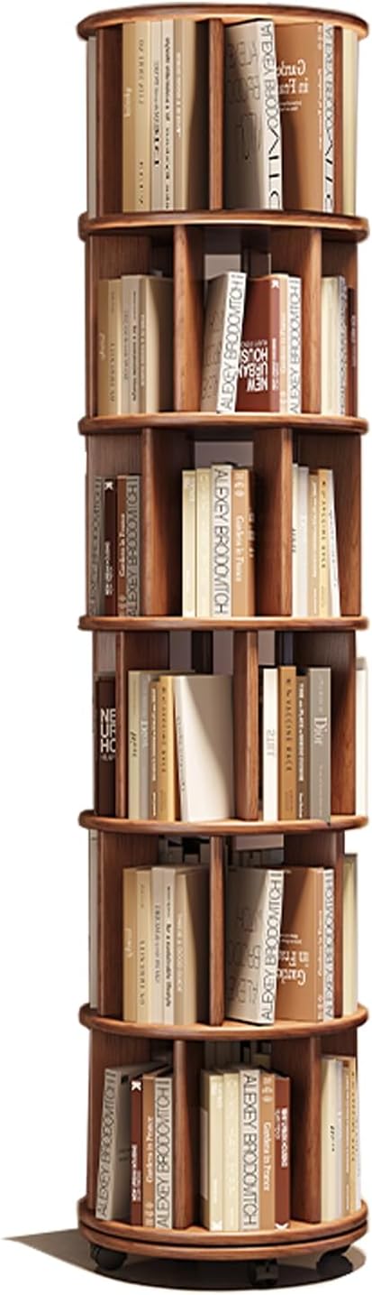 6-Tier Rubberwood Rotating Bookshelf, 360° Spinning Bookcase with Lockable Wheels, Space-Saving Freestanding Corner Storage Rack, Walnut Finish, 17.3"D×17.3"W×78.5"H for Living Room Office Bedroom