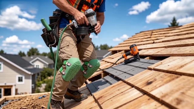 Image of Knee Pads for Work, Roofing Knee Saver with Soft Foam Sleeves, Non-Slip Bottom, Leather Strap, Impact & Abrasion Resistant, Kneeling Pads for Construction, Flooring, Gardening & All Kneeling Work, Green