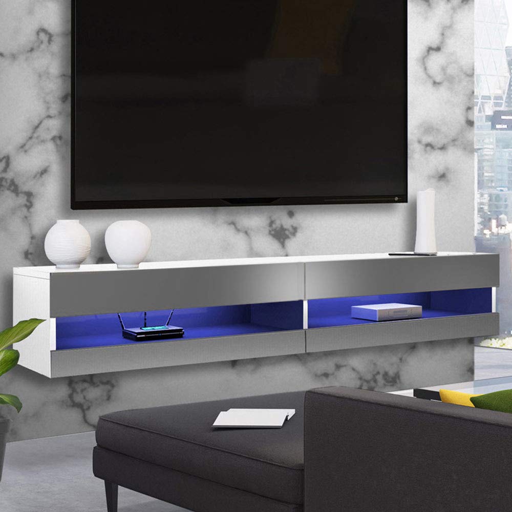 150cm Floating Tv Stand Cabinet Wall Mounted Entertainment Unit With Led Lights White Grey Home Amazon Com Au