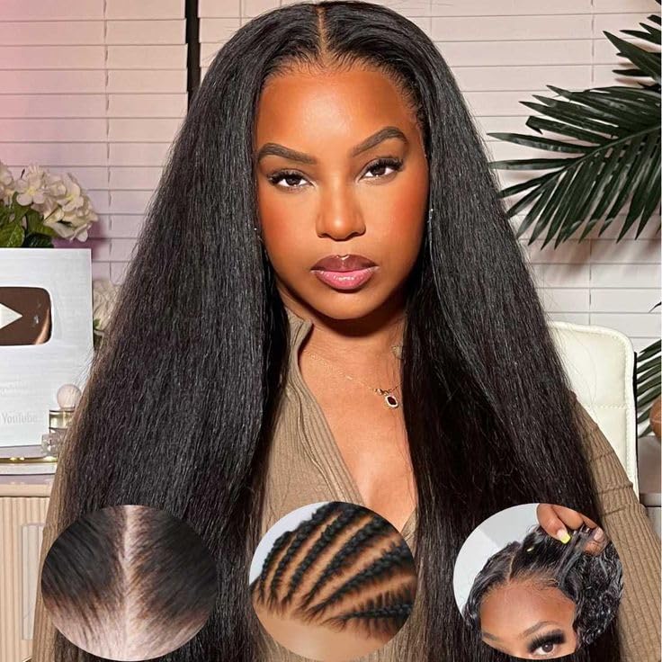 Human Hair Wigs for Black Women Yaki Straight Wear and Go Glueless Wig Pre Cut 4x4 HD Lace Front Wig 180% Density 18 inch - Image 2