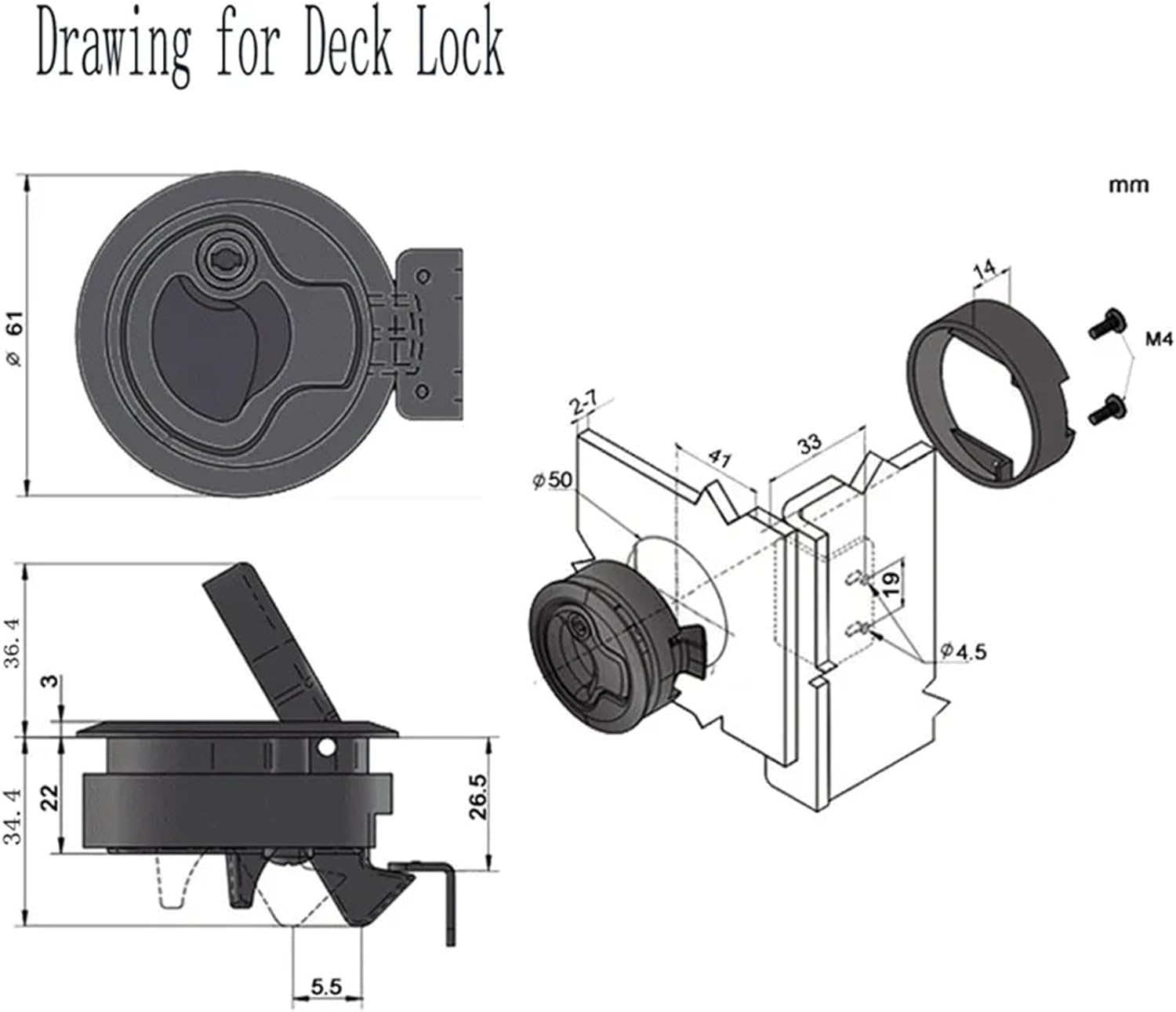 Black 2inch Round Flush Pull Slam Latch Lift Slam Latch Hardware with Lock Key Kit 4Pcs(2PCS a lot)