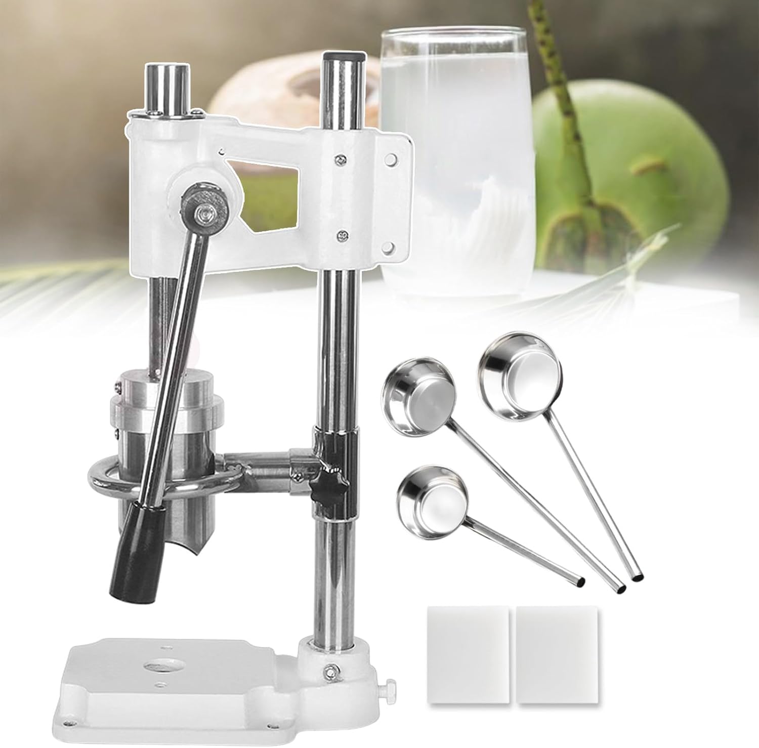 Manual Coconut Opener, Stainless Steel Coconut Lid Opening Machine with Adjustment Knob, Desktop Coconut Opening Tool for Commercial and Home Use, Fruit Markets (with 2 Soup Spoon)