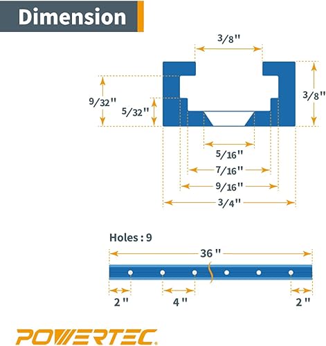 Miniatura 5 de POWERTEC 71119-P3 - Riel en T Universal de Perfil de Doble Corte de 36 Pulgadas con Agujeros de Montaje Preperforados, para Plantillas y Accesorios
