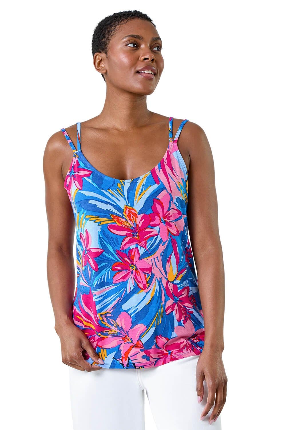 Roman Originals Women's Pink Tropical Print Strap Detail Cami Top For Uk - Everyday Holiday Spring Summer V Neckline Comfy Soft Evening Vacation Work Party - Size 12