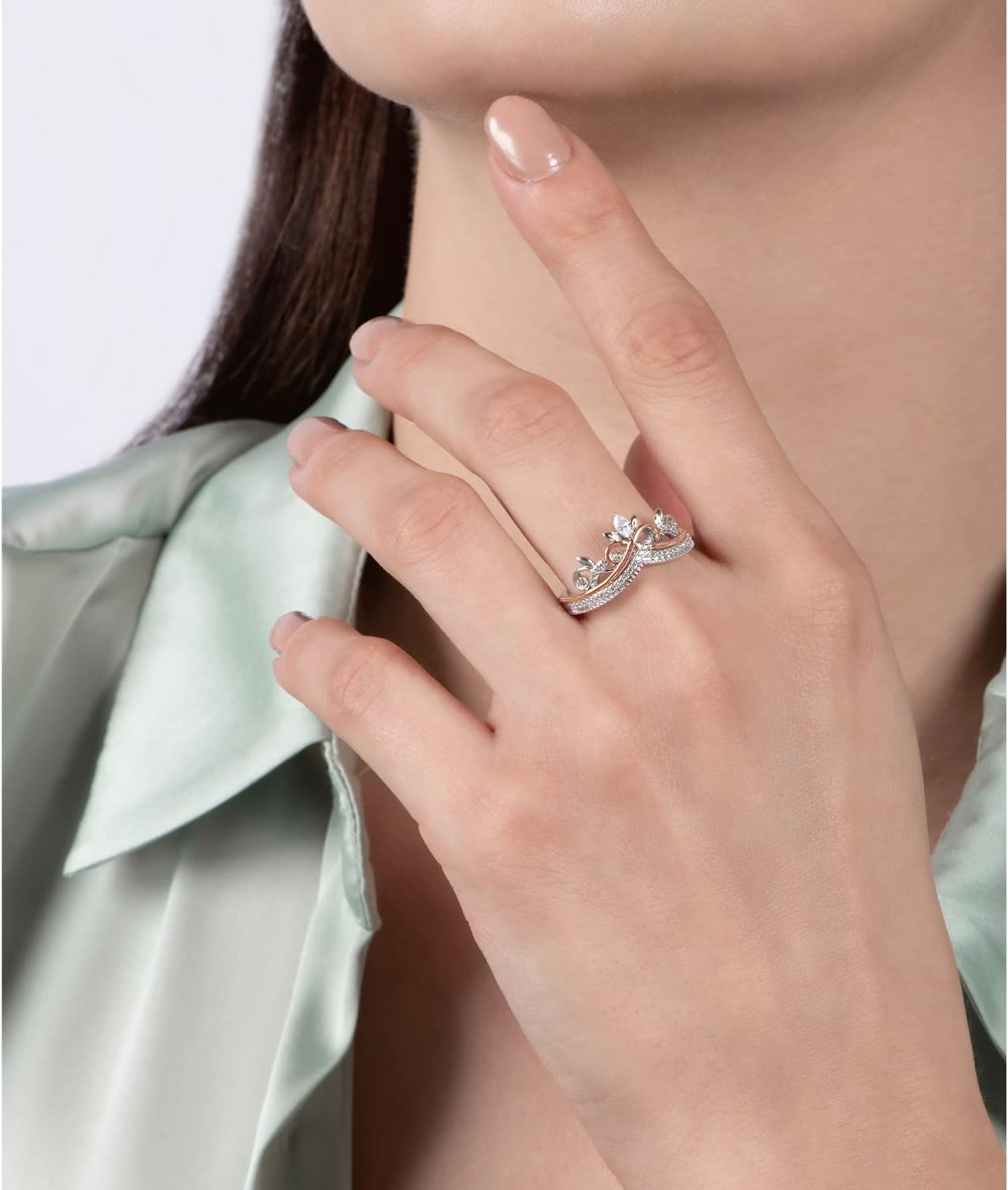 Jewelili Enchanted Disney Fine Jewelry Sterling Silver and 10K Rose Gold 1/5 Cttw Natural White Round and Marquise Diamond Rapunzel Tiara Ring