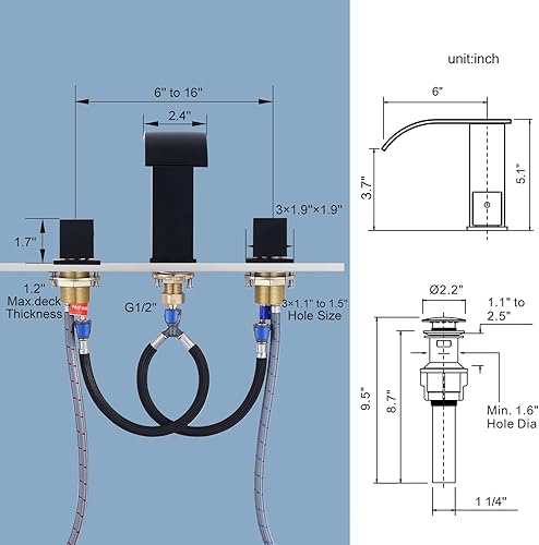 Miniatura 6 de Grifo de baño de cascada negro mate, grifos de baño generalizados de 8 pulgadas para fregaderos, 3 agujeros, moderno grifo de lavabo de baño de 2
