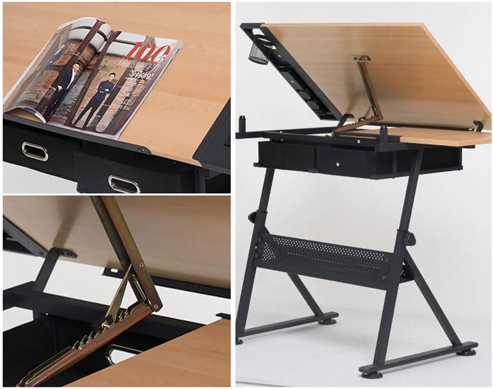 Verstellbarer Zeichentisch für Kunst und Design, neigbarer Zeichentisch mit Aufbewahrung, Ahorn-Panel, Basteltisch für Kinder und Erwachsene, idealer Kunstarbeitsplatz