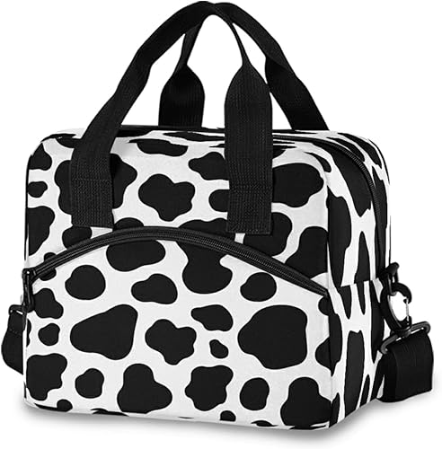 Miniatura 1 de Bolsa de almuerzo reutilizable negra con estampado de vaca animal para mujeres, lonchera aislada, enfriador, organizador con cremallera, bolsa de