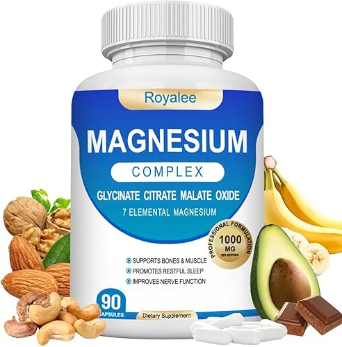 Suplemento complejo de magnesio – 1000 mg con 7 formas de magnesio incluyendo glicinato, citrato, malato, taurato y orrotato – Apoya la relajación,