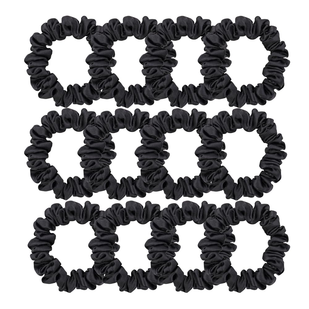 Pack of 12 Premium Satin Silk Scrunchies Hair Ties for All Hair Type Women Girls Ponytail Holder Elastic Hair Bands Scrunchy Accessories (Skinny 12 Pcs Black)