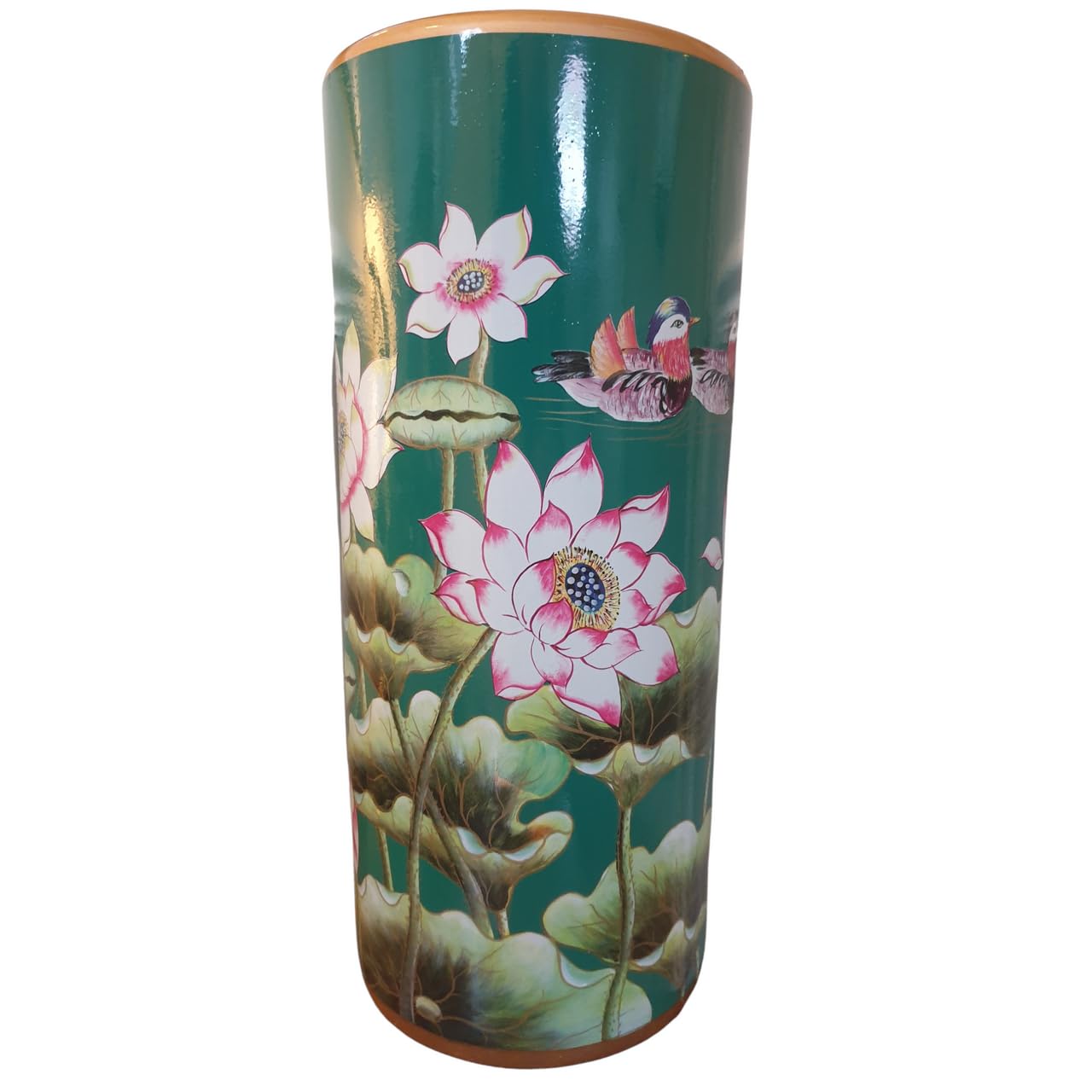 Gold Umbrella Stand/Stick Holder - Chinese Ceramic - Lotus Flower/Mandarin Ducks
