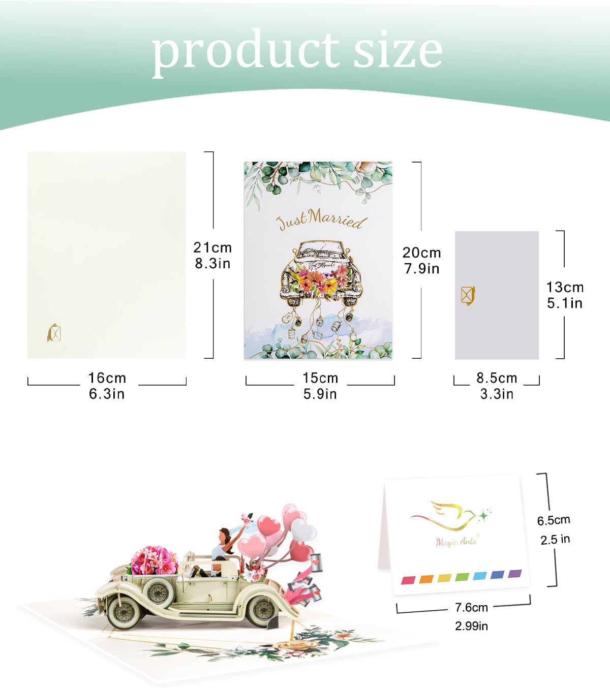 Magic Ants Just Married 3D Pop Up Wedding Card, Vintage Car with Floral Watercolor Cover, Romantic Card for Bride and Groom, Engagement, Bridal Shower, Newlyweds, Wedding Congratulations - Image 7