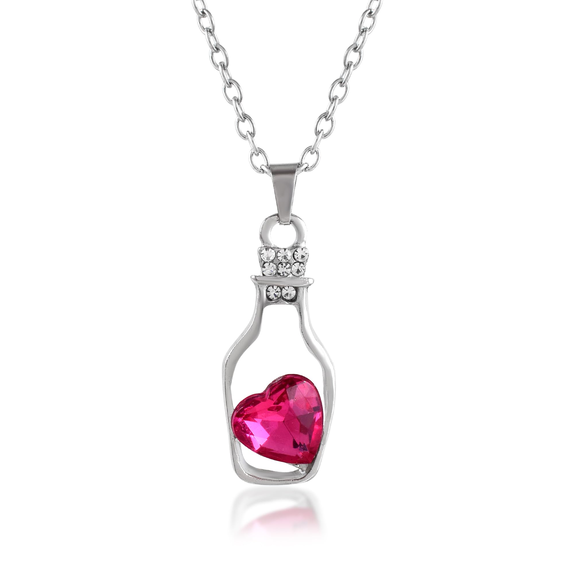 Solitaire Pink Heart Crystal in Retro Bottle Rhodium Plated Silver Tone Pendant Necklace Jewelry For Women Girls-image-2