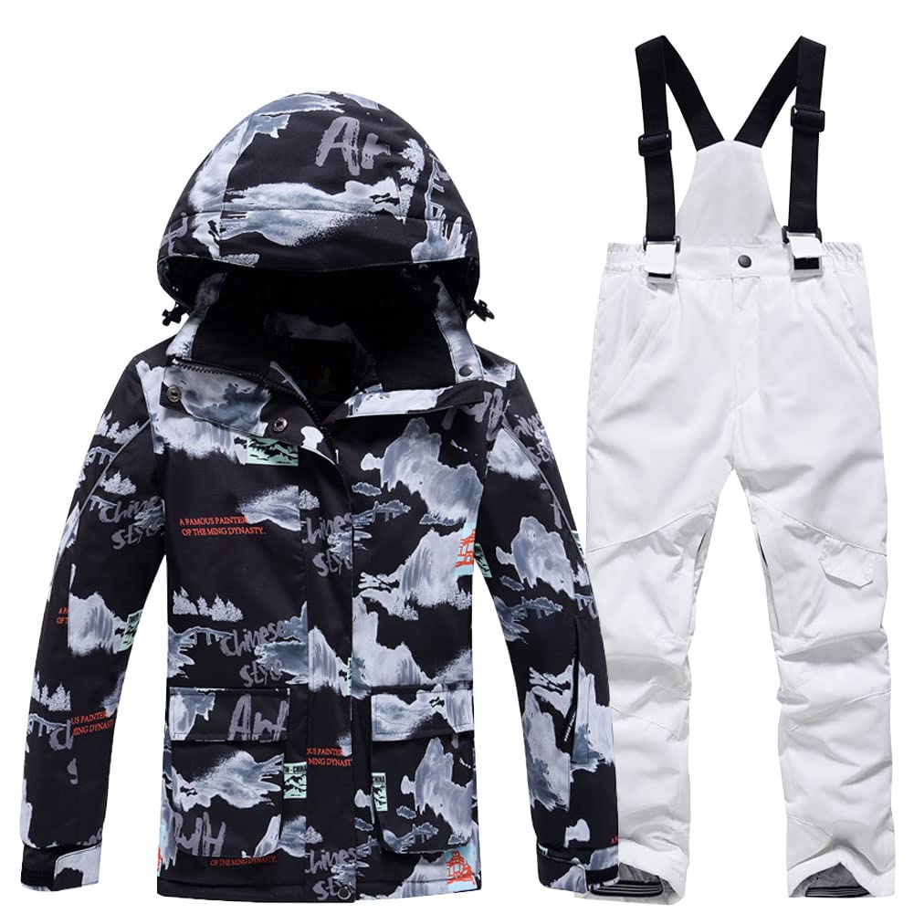 Tuta da sci unisex per bambini, con cappuccio, tuta da neve, 2 pezzi, giacca da neve e pantaloni da neve, impermeabile