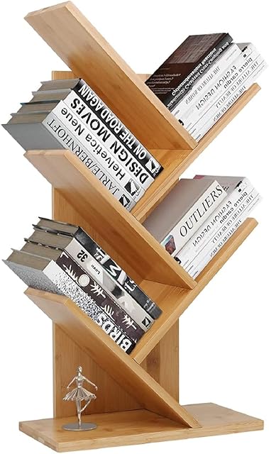 Gunolye Bamboo Bookshelf,Tree Shape Floorstanding Bookshelf,4Tier Floor Standing Bookcase,Books Magazine Display Storage for Office & Home,Simple Living Room Storage Organizer Shelf for CDs