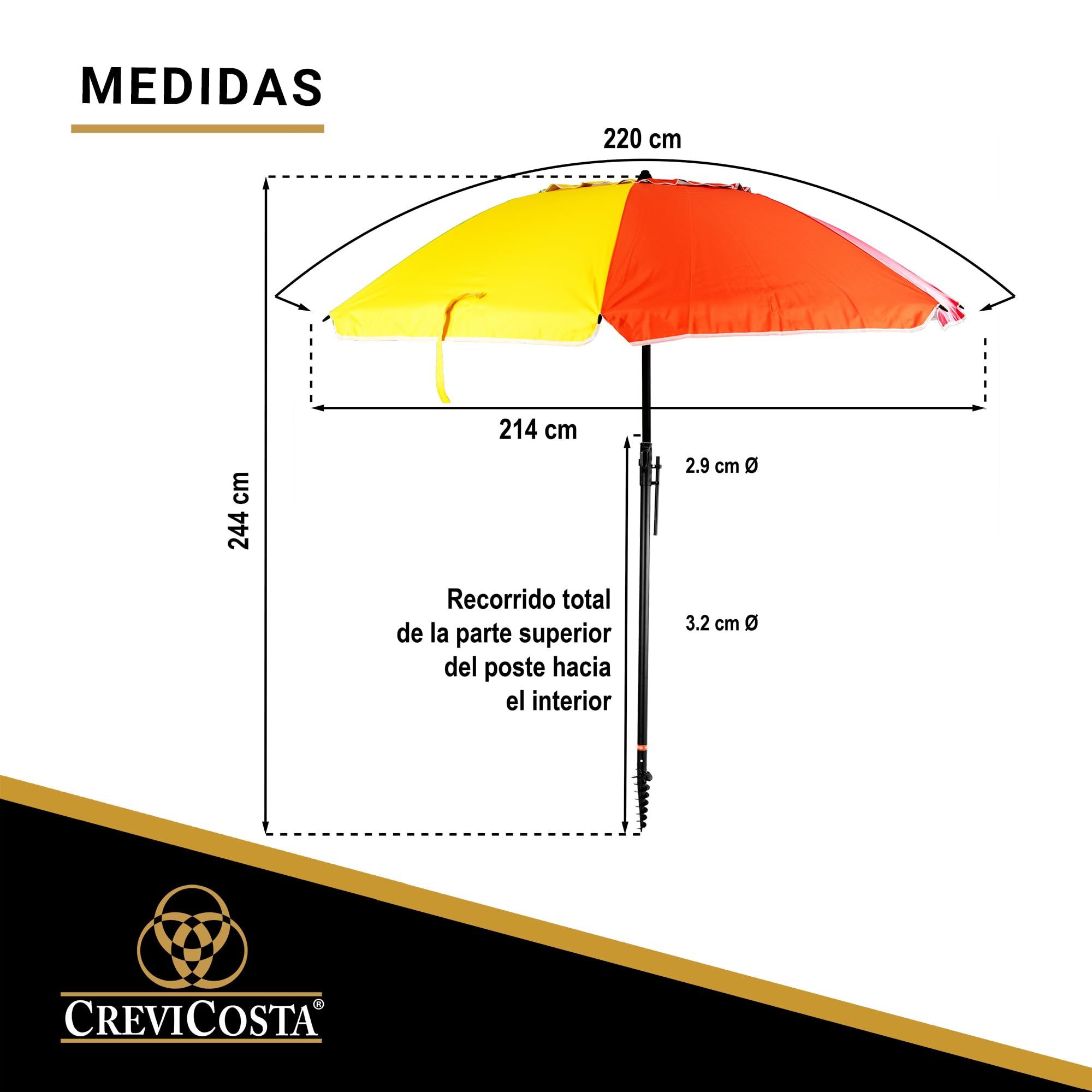 CREVICOSTA QUALITY MARK MARCAS DE CALIDAD - Sombrilla 220 cm con Espiral y Poste de Recorrido Total. Protección total contra los Rayos UV. 8 Varillas