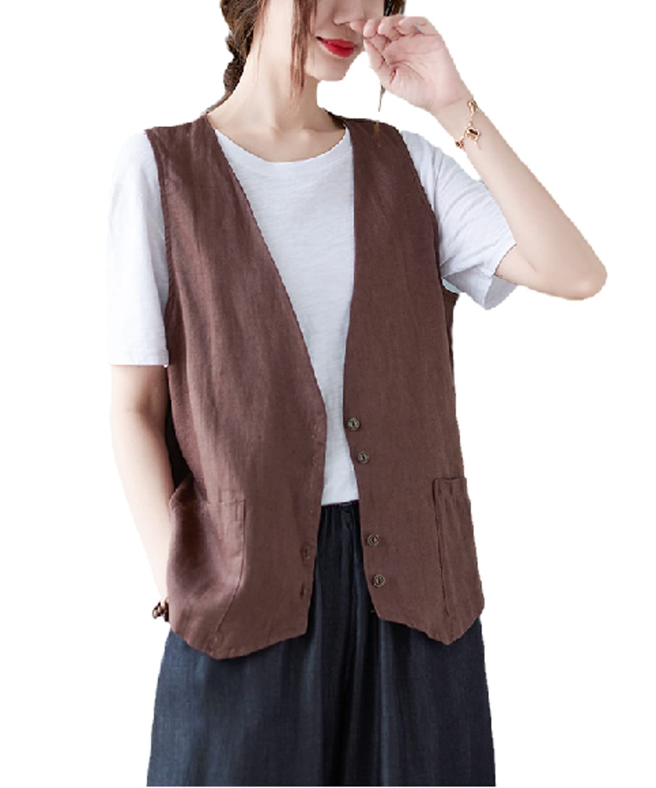 Gilet Donna Corto Senza Maniche In Cotone E Lino – Modello Sciolto E Casual – Colori Unita Per L'Estate – Taglie Dalla S Alla XXL