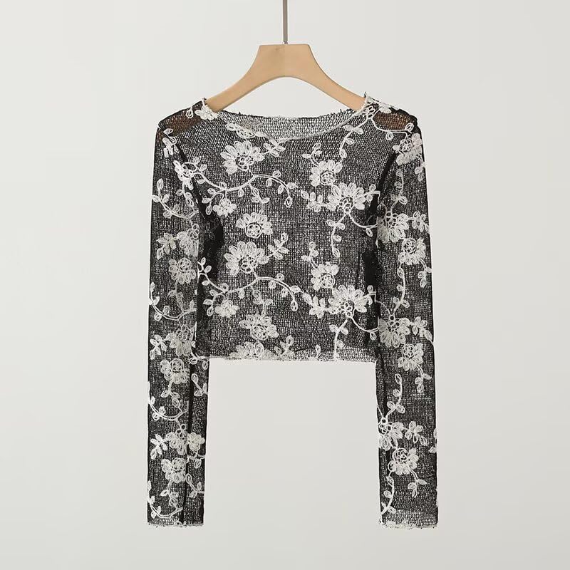 Image of ICW Women Long-Sleeves Boat Neck Transparent Mesh Sheer Floral Embroidery Crop Top T-Shirt DN648