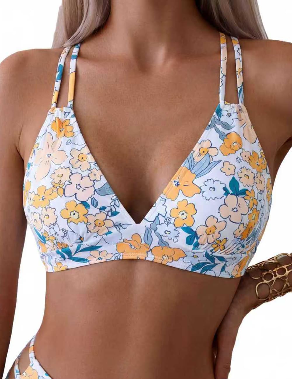 Tainehs Women's Push Up V Neck Bikini Tops Criss Cross Back Padded Bathing Suit Top Only