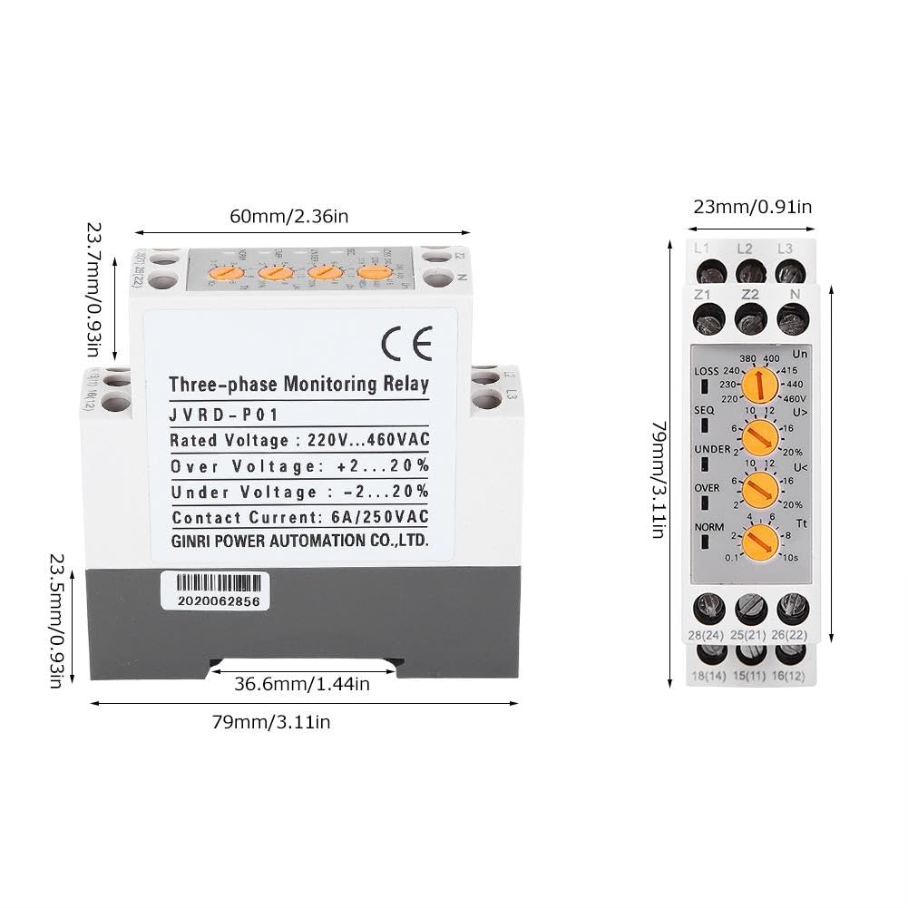 Jadeshay Protector de voltaje Relé de voltaje trifásico Protector de monitoreo de sobretensión y subtensión multifunción Entrada de voltaje de 176V-552V