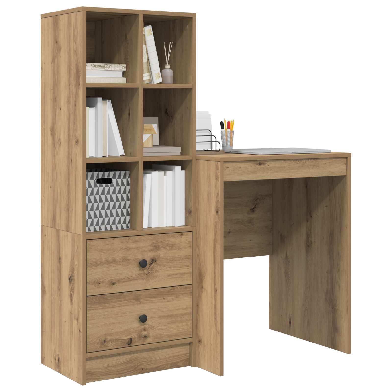 Générique Scrivania in legno di ingegneria marrone con ripiani integrati, superficie spaziosa per computer e documenti, stile moderno per ufficio a casa