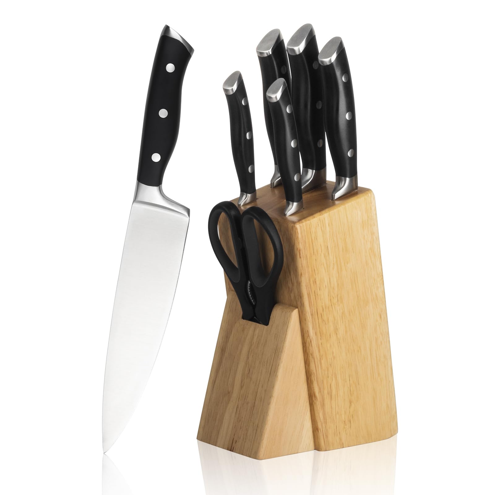 Set di 7 coltelli con Ceppo, 7 Pezzi, Chef, per Pane, Coltello a Fette, Multiuso Spelucchino, Forbici da Cucina Multifunzione e Blocco Coltelli, Manico Ergonomico
