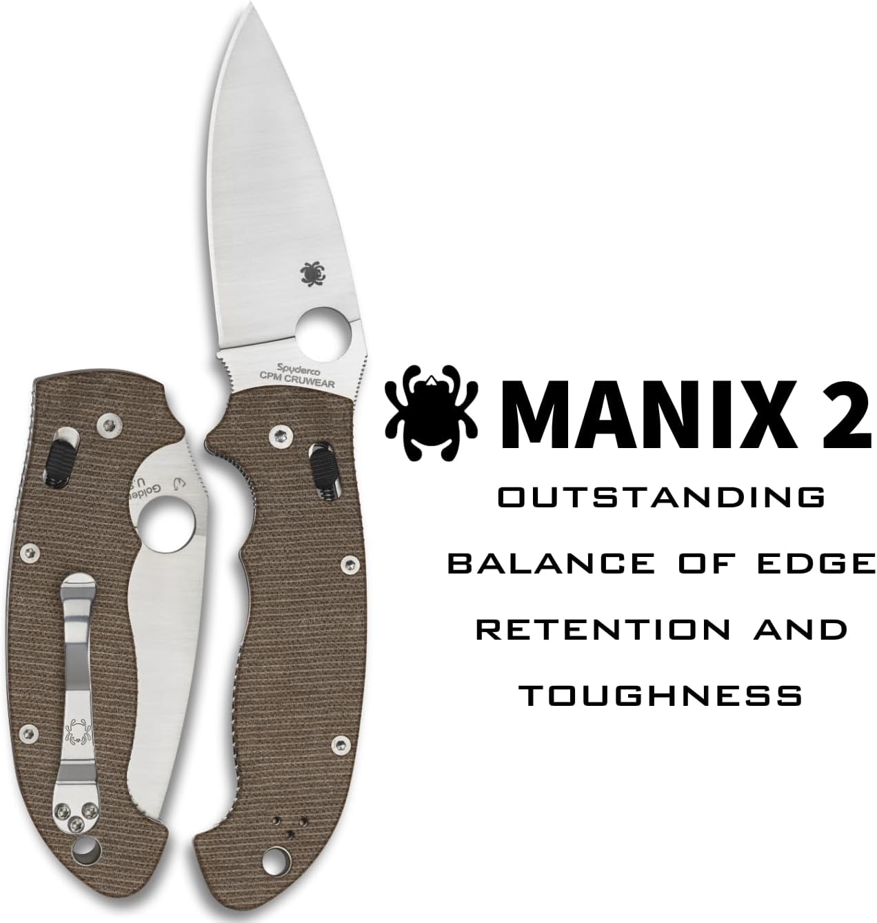 Spyderco Manix 2 XL Folding Pocket Knife with 3.8" CPM Cru-Wear Steel Blade and Micarta Handle - EDC Knife for Men and Women, Perfect for Hunting, Tactical, Camping, Survival - PlainEdge - C95MPCW2