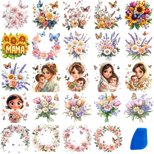 Image of ZMRU 24 Sheets Vintage Mom Rub On Transfers for Crafts, Cold IOD Transfers Stickers for Wood,Furniture Decals, Glass, Porcelain, Leather, Canvas, Fabric Projects,3 * 3inch(Butterfly and Mom)