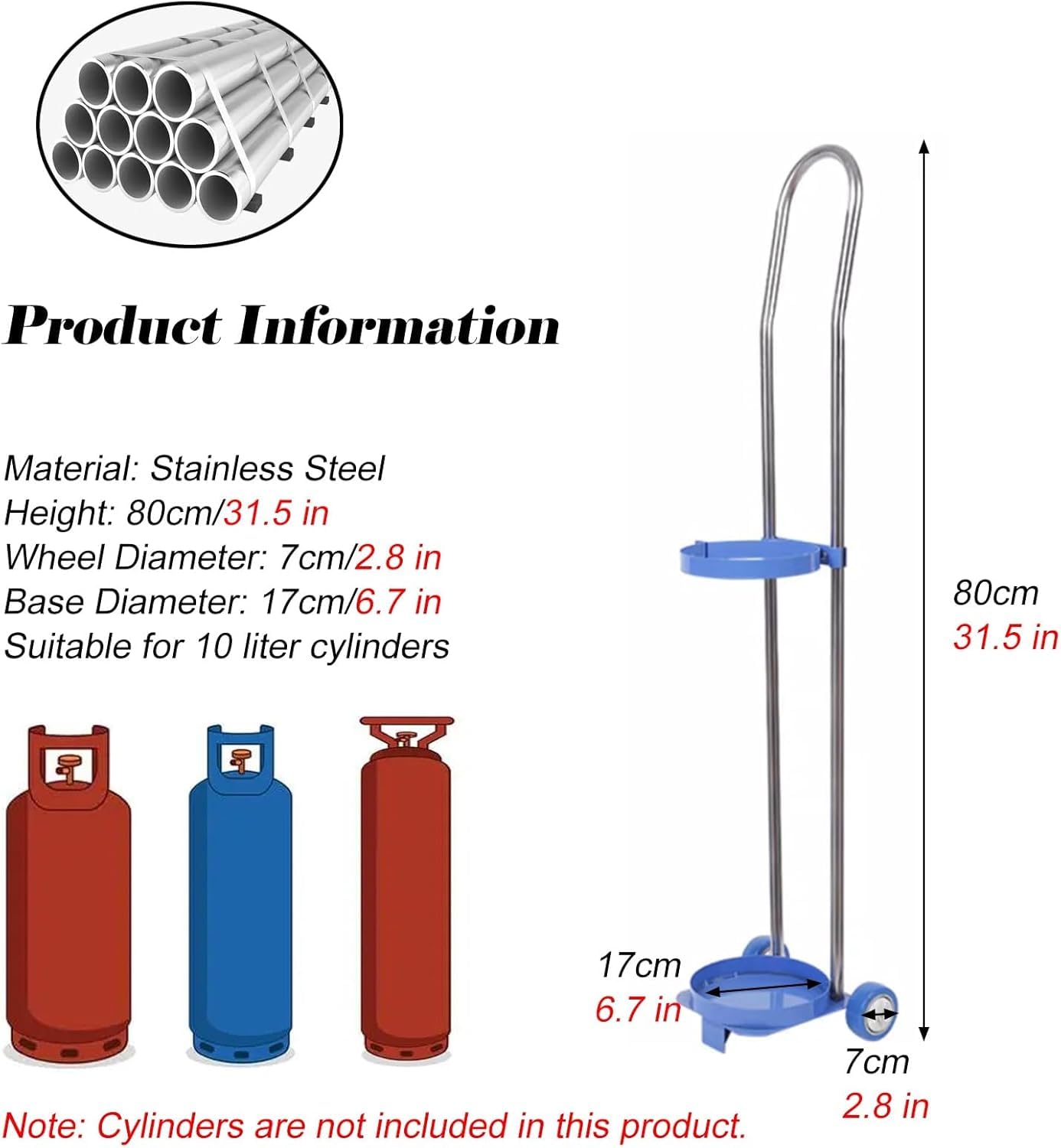 Wózek z uchwytem na butlę tlenową, ze stałym pierścieniem stalowym i podwójnymi kołami(10L - 31.5"/80cm)