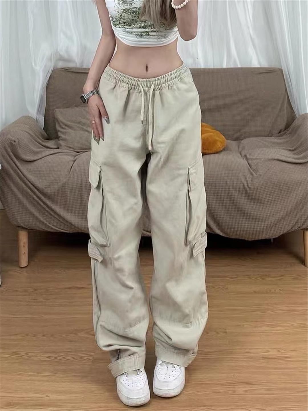 Fjnbbiot Pantaloni Cargo retrò Donna Tasche Vintage Pantaloni Larghi Pantalone Gamba Larga Femminile
