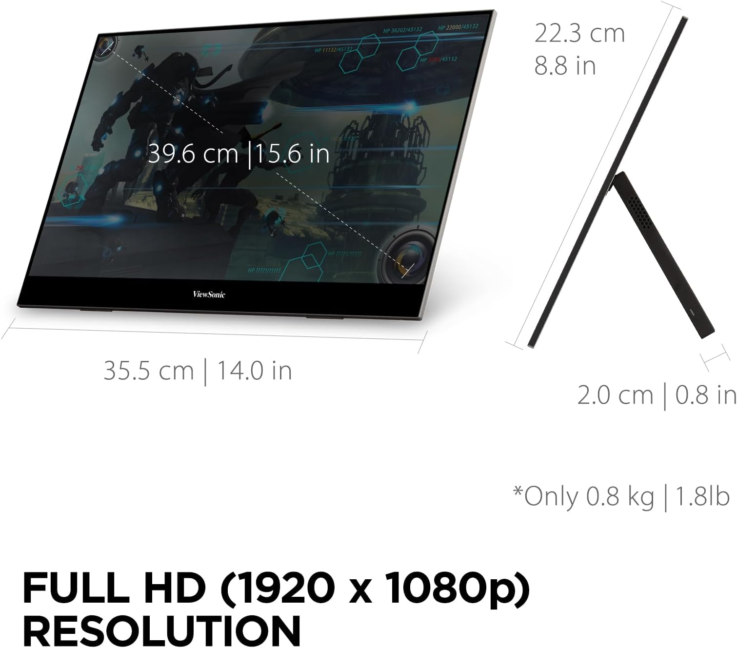 ViewSonic VX1655 15.6" 1080p FHD Portable LED IPS Monitor with 2-Way Power 60W USB C, Mini HDMI, Dual Speakers, Built-in Stand with Tripod Mount, Black