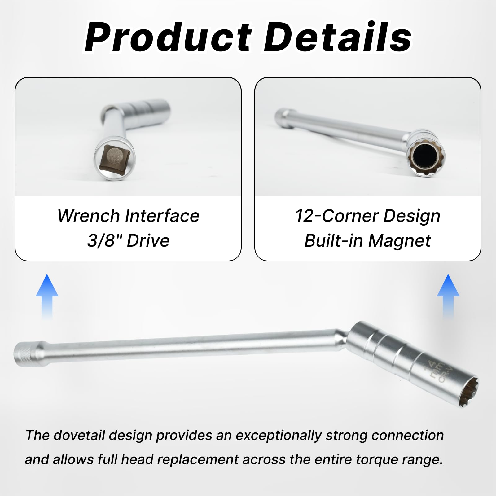 llave de bujías 14 mm 3/8" 12 caras larga 293 mm, llave bujias larga 14 mm 12 caras 3/8" para automóviles, acero al cromo-vanadio (14cm) - 4