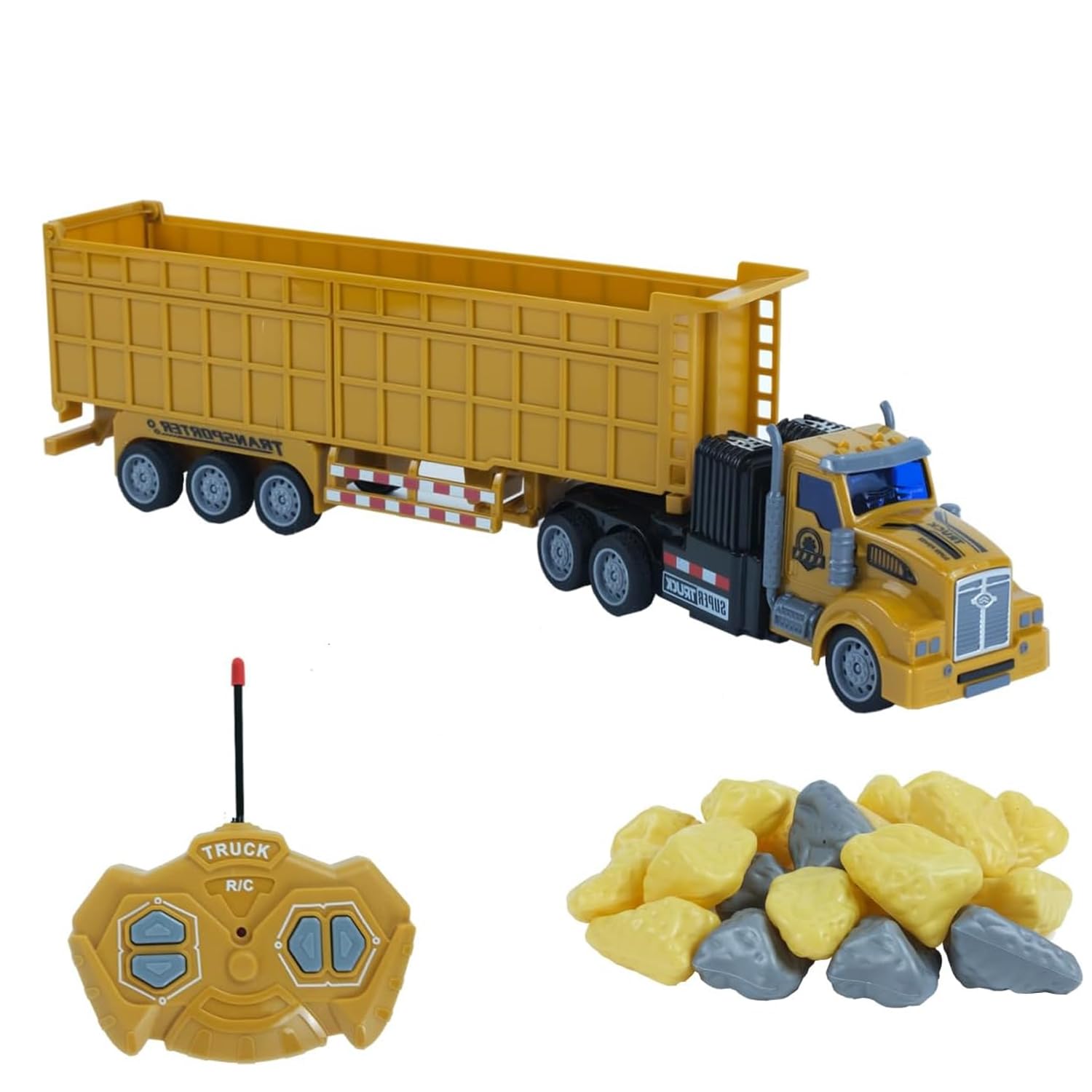 Remote Control Semi Dump Truck with Trailer Includes Simulated Stones, 14" 1:48 Trailer Dump Truck Toy, Equipped with 2 Rechargeable Batteries, Gifts Ideas for Boys Age 3-8 Year Old