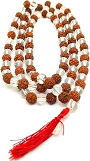 RudraKsha & Crystal SphatiK Mala 108 +1 Beads NecKlace, Seed Bead Natural 5 face Himalaya RudraKsh Seed, Prayer Beads, Wrist Mala Wrap, Jaap Mala, Bracelet Bead Size 7 mm (1 PacK), RUDRAKSH_11, Rudraksh & Crystal SphatiK Mala, 7 MM, Wood, rudraksha