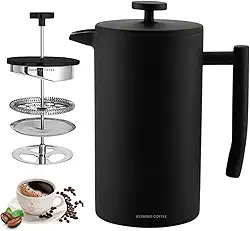 Cafeteira de Prensa Francesa com Parede Dupla em Aço Inoxidável,700 ml, Térmica, 60 MinutosTempo de Preservação do Calor, Filtragem Perfeita, Aço Inox 304 Preta