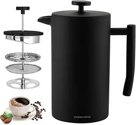 Cafeteira de Prensa Francesa com Parede Dupla em Aço Inoxidável,700 ml, Térmica, 60 MinutosTempo de Preservação do Calor, Filtragem Perfeita, Aço Inox 304 Preta