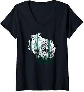 Womens Wisconsin Map Morel Mushroom Hunting Shrooming Morels Fungi V-Neck T-Shirt