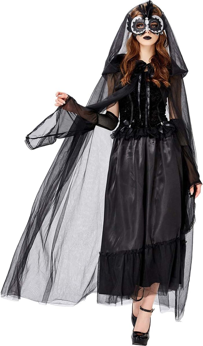 Amazon ハロウィン 魔女 衣装 コスプレ レディース 大人 ハロウィン 仮装 女王 コスチューム ドレス マント 袖x2 3点セット L コスプレ 仮装 通販