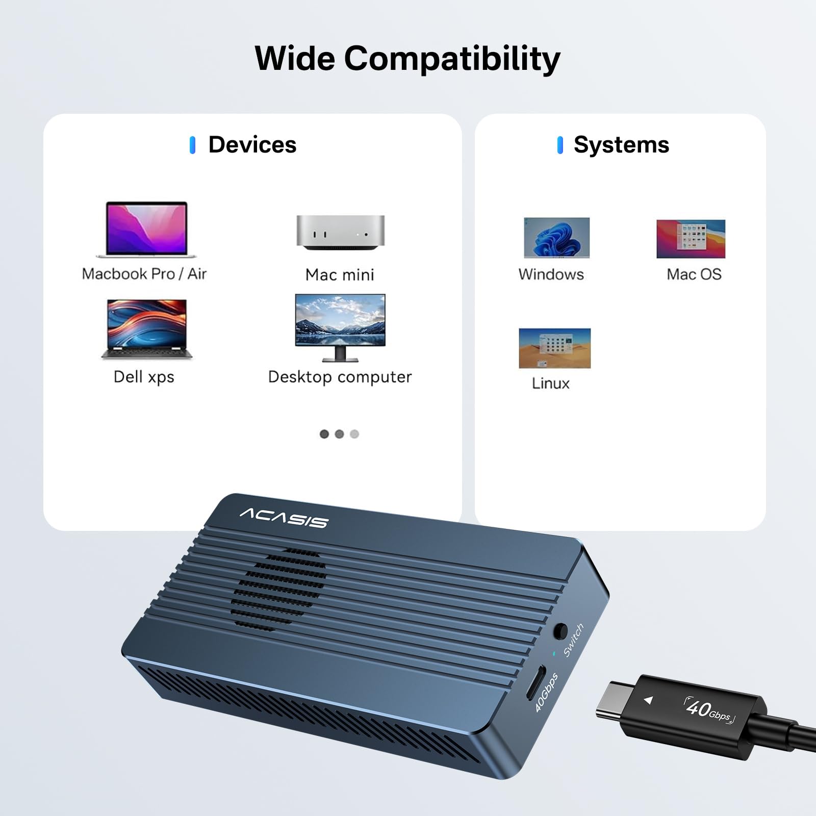 ACASIS Case M.2 NVMe 40Gbps con Ventola – Enclosure SSD Esterno Thunderbolt 4 / 3 USB4/3.2/3.1/3.0, Installazione Senza Attrezzi, per Dischi 2280/2260/2242/2230, Compatibile Mac M1/M2, iPad Pro e PC