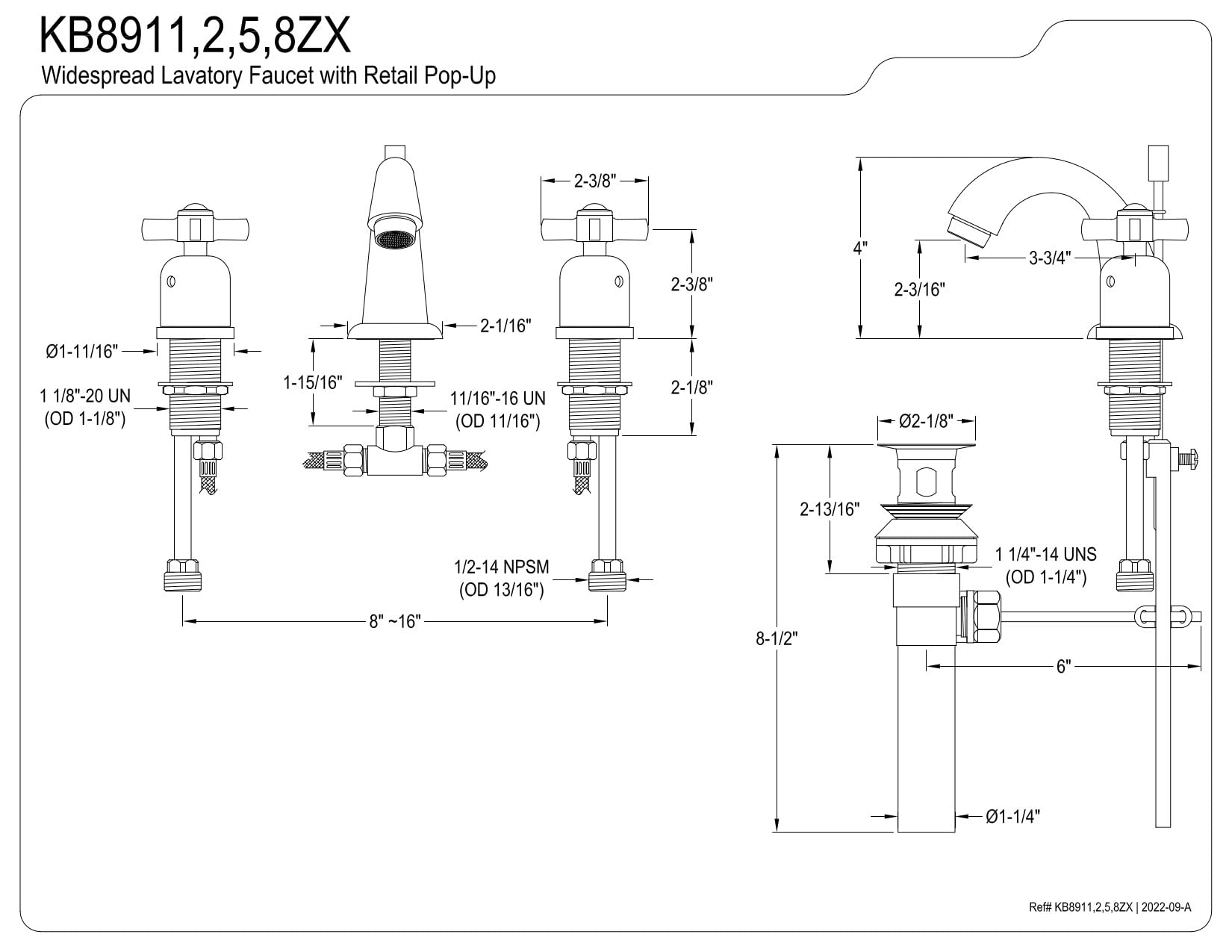 Kingston Brass KB8911ZX Mini Llave de Lavabo Generalizado con Pop-Up, Cromo Pulido