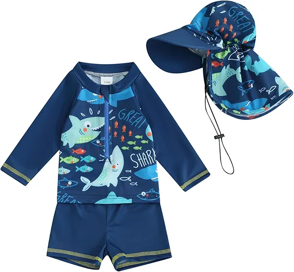 Toddler Baby Boys Two Piece Swimsuit and Hat Cute Shark Swimwear Bathing Suit Rash Guards Infant Beach Swimwear
