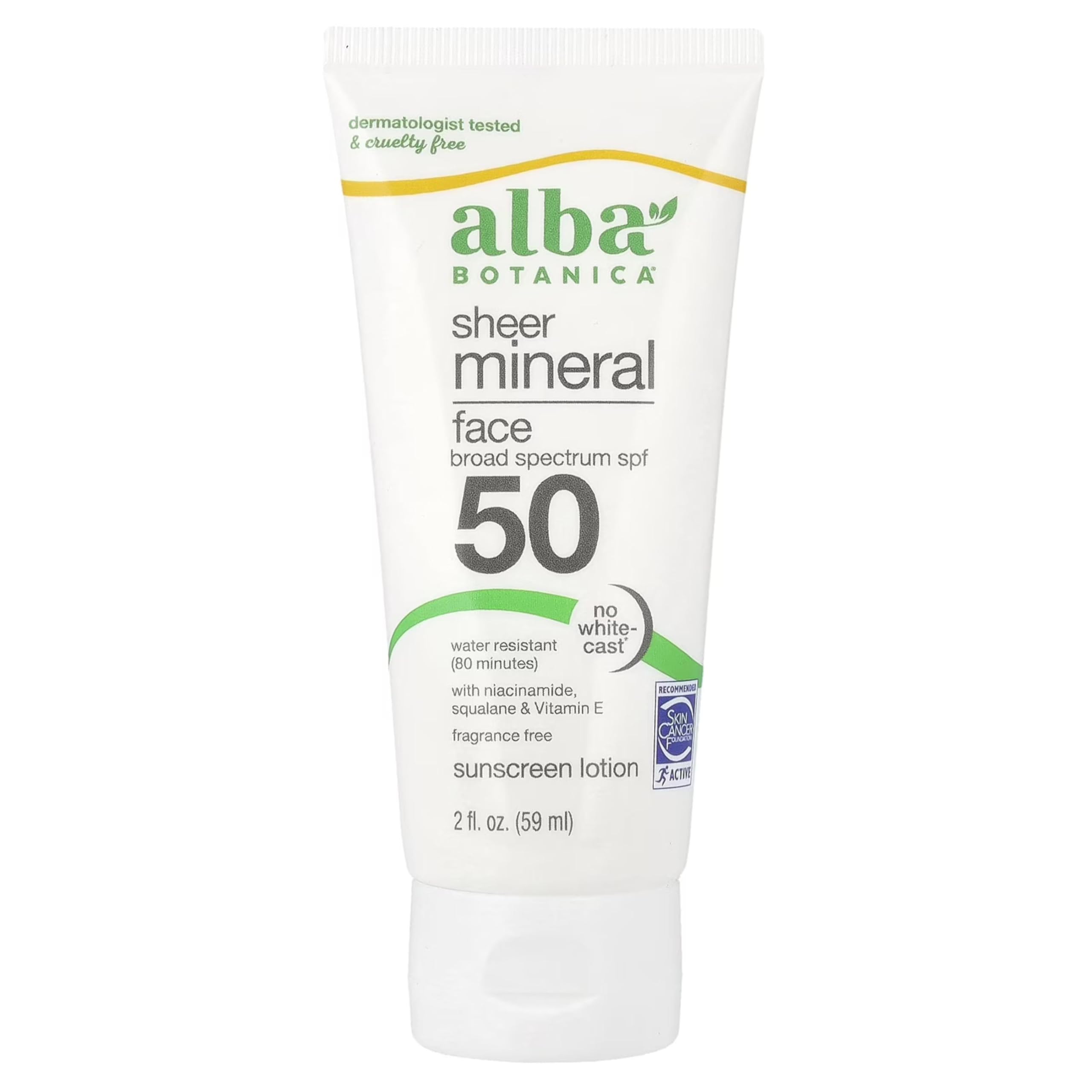 Alba Botanica Protector solar para la cara, loción de protección solar mineral transparente sin fragancia, amplio espectro SPF 50, resistente al agua y biodegradable, botella de 2 onzas líquidas