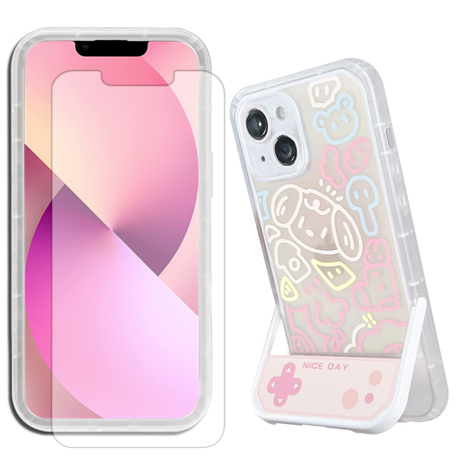 Viana Ultra Slim Phone Cover with Tempered Film for iPhone 13 Cartoon Graffiti Phone TPU Case with Stand Pink Soft Phone Case for Grils (B0B6C9R2HT) Amazon Price History, Amazon Price Tracker