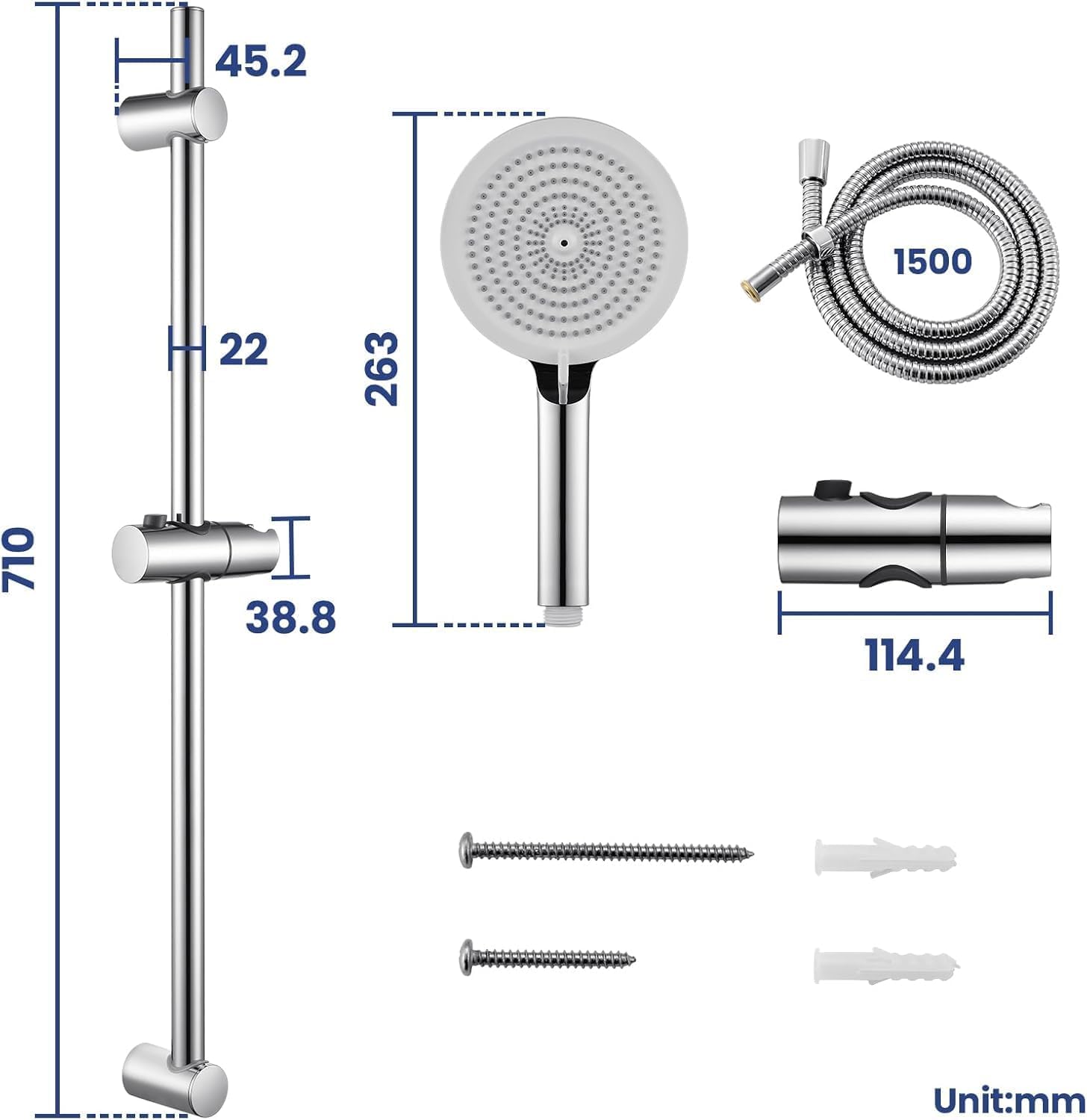 Auralum Saliscendi Doccia con Soffione, Set Doccia con Asta Doccia Saliscendi in Acciaio Inox (70cm), Inox Tubo Flessibile (150cm) e Soffione (4 Funzioni,12.7cm) con Supporto Soffione Doccia, Cromato