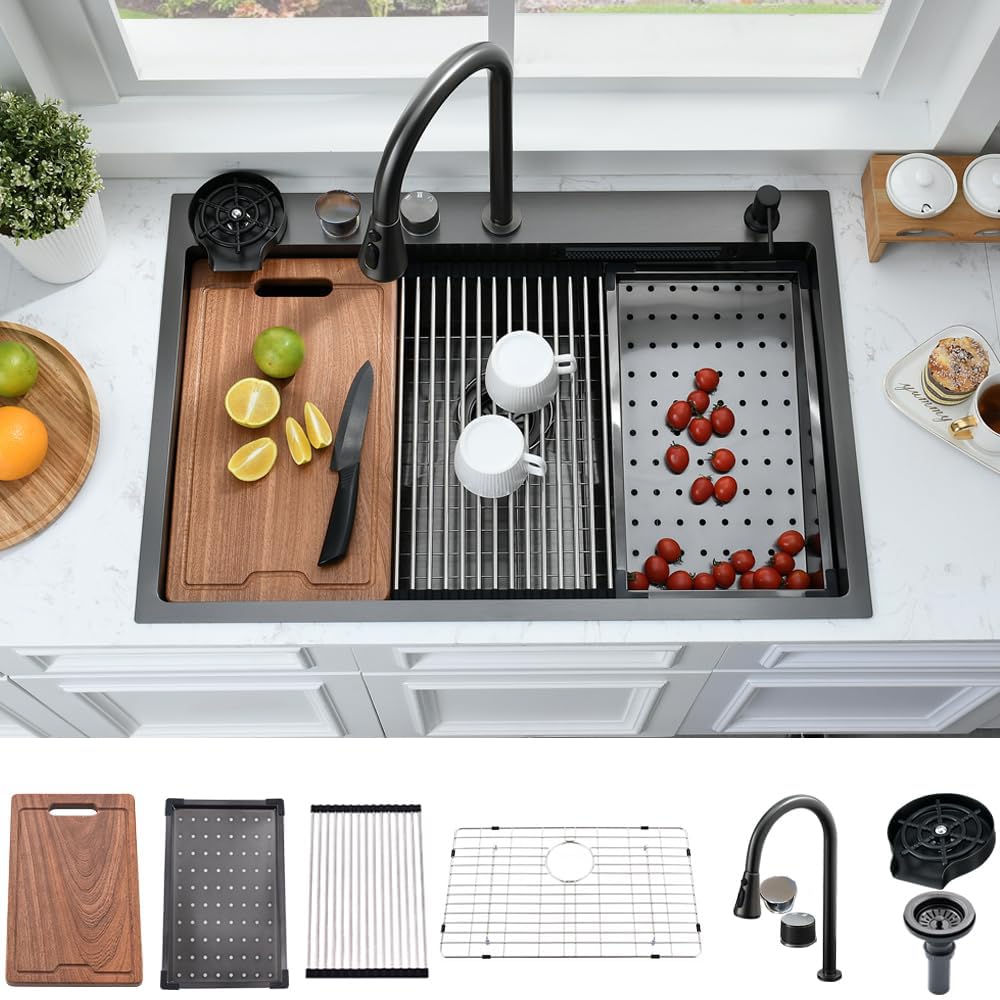 Évier de cuisine cascade 84cm Bokaiya en acier noir calibre 16 avec rince-gobelet