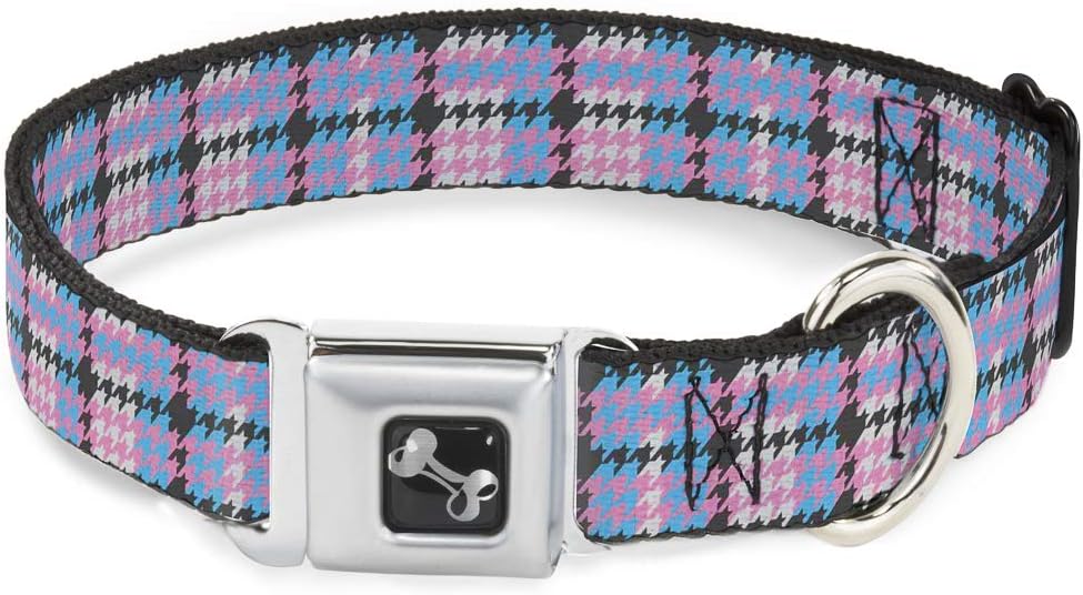 Buckle-Down Seatbelt Buckle Dog Collar - Mini Houndstooth Gray/Baby Blue/Pink - 1" Wide - Fits 11-17" Neck - Medium