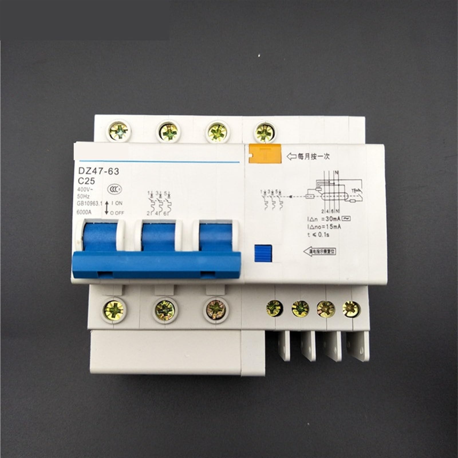 Disjoncteur différentiel 3P+N tétrapolaire 25A avec pouvoir de coupure 6000A pour rail DIN