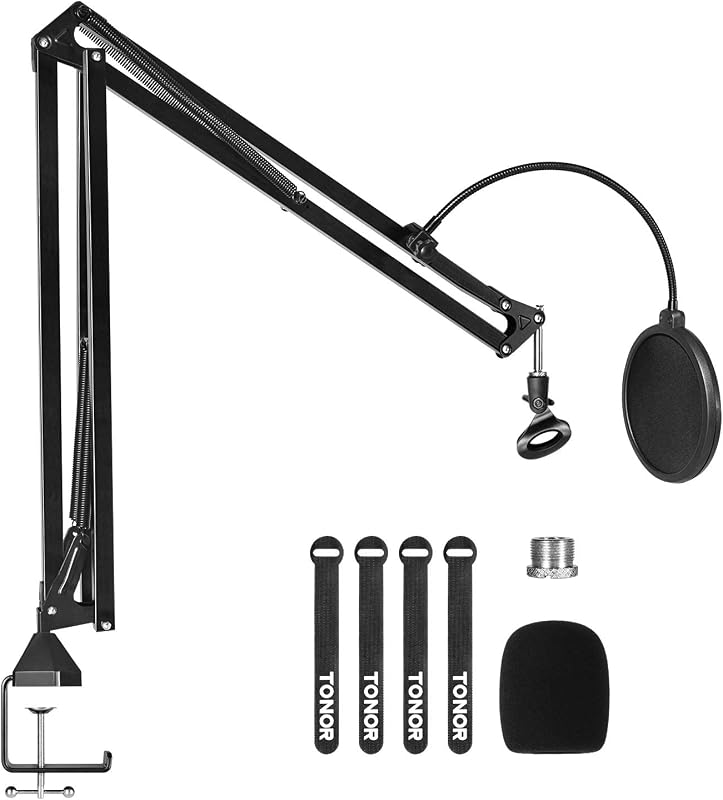 TONOR Soporte de brazo para micrófono, soporte de micrófono de tijera con brazo de suspensión ajustable con filtro pop, adaptador de 3/8" a 5/8", excelente compatibilidad, clip para micrófono, abrazadera resistente mejorada, 47 cm + 47 cm, T30