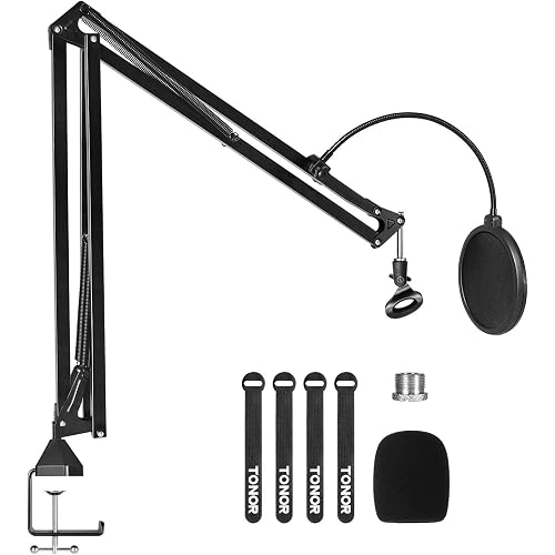 TONOR Microphone Arm Stand, Adjustable Suspension Boom Scissor Mic Stand with Pop Filter, 3/8" to 5/8" Adapter, Excellent Compatibility, Mic Clip, Upgraded Heavy Duty Clamp, 47 cm + 47cm, T30
